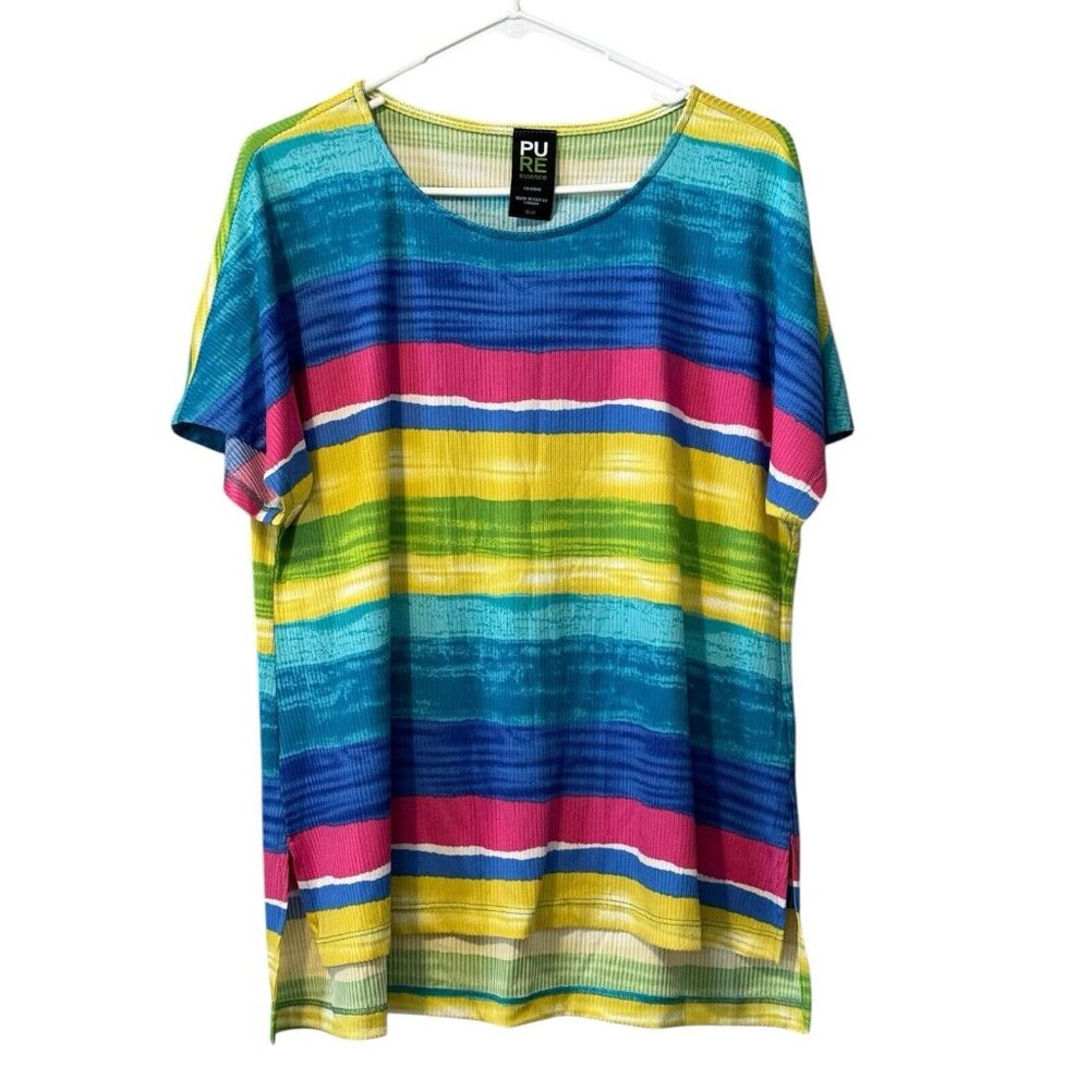 Pure Essence Women‎ Colorful Short Sleeve Stretchy Ribbed Size Medium Shirt